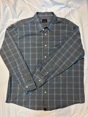 UNTUCKit Men’s XXL Gray Blue Plaid Button Front Long Sleeve Shirt 100% Cotton